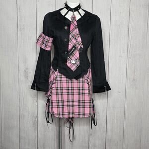 BODY LINE Y2K Punk Lolita Goth Schoolgirl Plaid Skirt | Tie | Jacket | Set - M